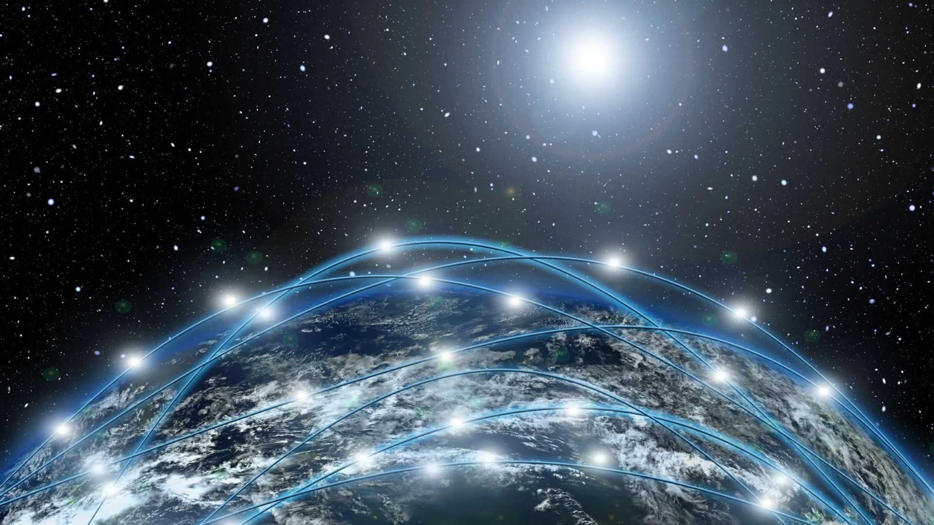 Terra vista dallo spazio con orbite luminose e satelliti in orbita bassa che formano una rete di connessione intorno al pianeta