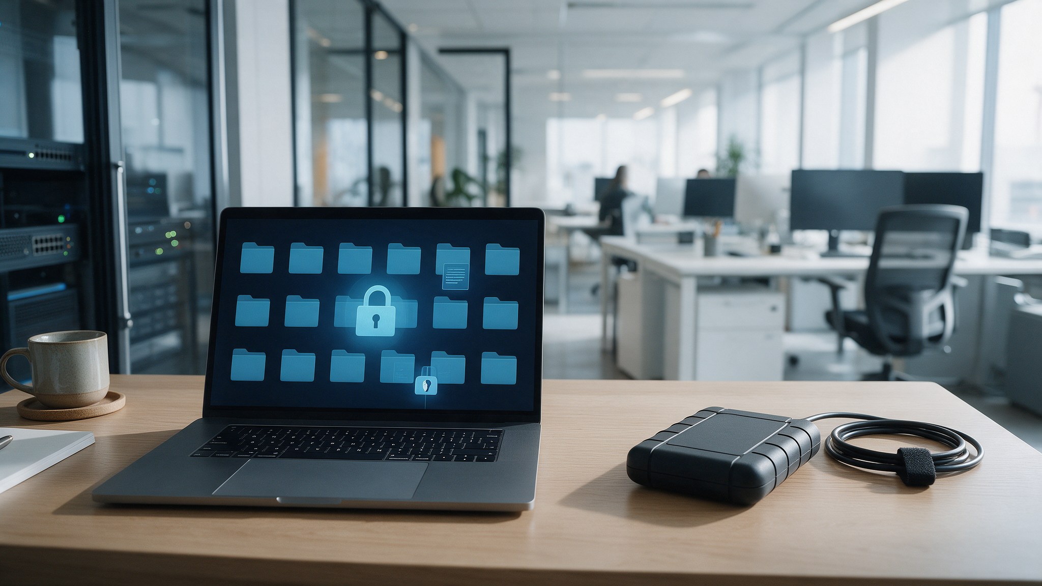 Portatile con cartelle protette da lucchetto e disco di backup scollegato su una scrivania in un ufficio open space